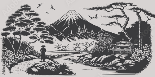 VIntage retro engraving style  Japan Asian juji mountain with trees nature wild landscape. Background outdoor adventure vibe. Graphic Art Vector