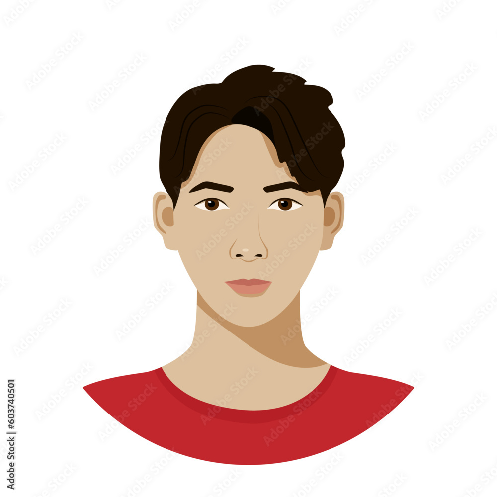 Isolated avatar of asian teenager in flat style. Vector portrait of young man with dark short hair and hazel eyes on white background. Can be used for social media Isolated avatar of asian teenager in flat style. Vector portrait of young man with dark short hair and hazel eyes on white background. Can be used for social media