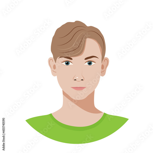Flat avatar ofteenager on white background. Vector isolated portrait of europian youngster with blond short hair and grey eyes on white background. Perfect for social media