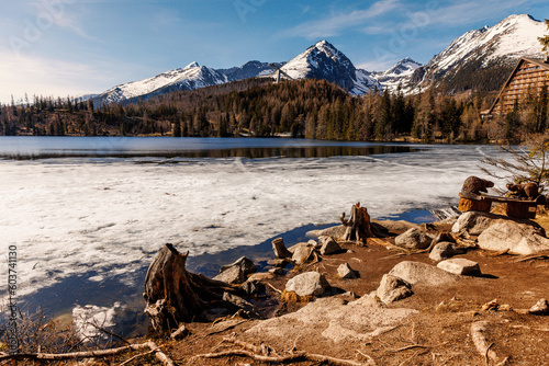 Mountain lake landscape. Ice on the surface and snow on the peaks.