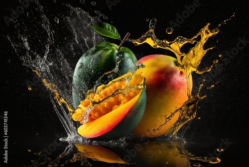 fresh mango with water splash isolated on black background. generative ai