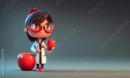 A cartoon doctor character with a red apple in hand