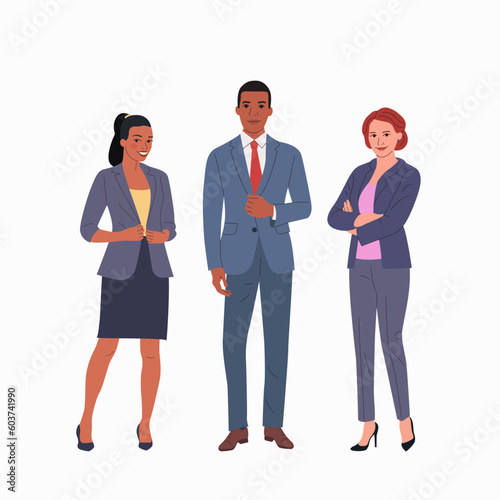 Group of different businesswomen and businessman  standing isolated. Corporate office style. Vector flat style cartoon illustration
