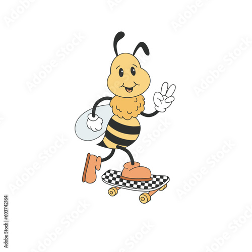 Retro rubber hose cartoon bee character on skate board vector illustration. Cool groovy bumblebee personage print design.
