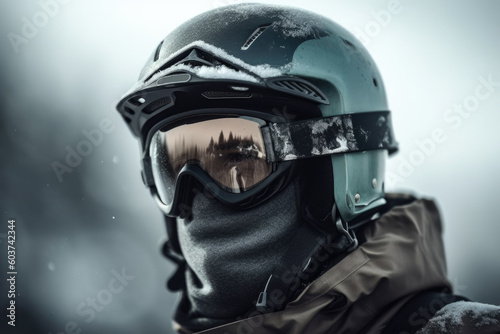 Close-up of skier with helmet and heavy protection for the cold.  Composite with different elements made with generative AI © Jose Luis Stephens