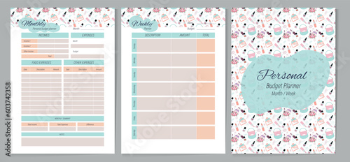 Personal weekly, monthly budget planner. Design with girly things. Women's planner design. Minimalist journal design printable.