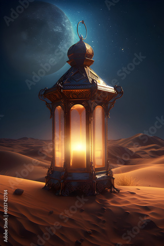 Islamic greetings ramadan kareem poster  beautiful gold lantern decoration. Ai generated