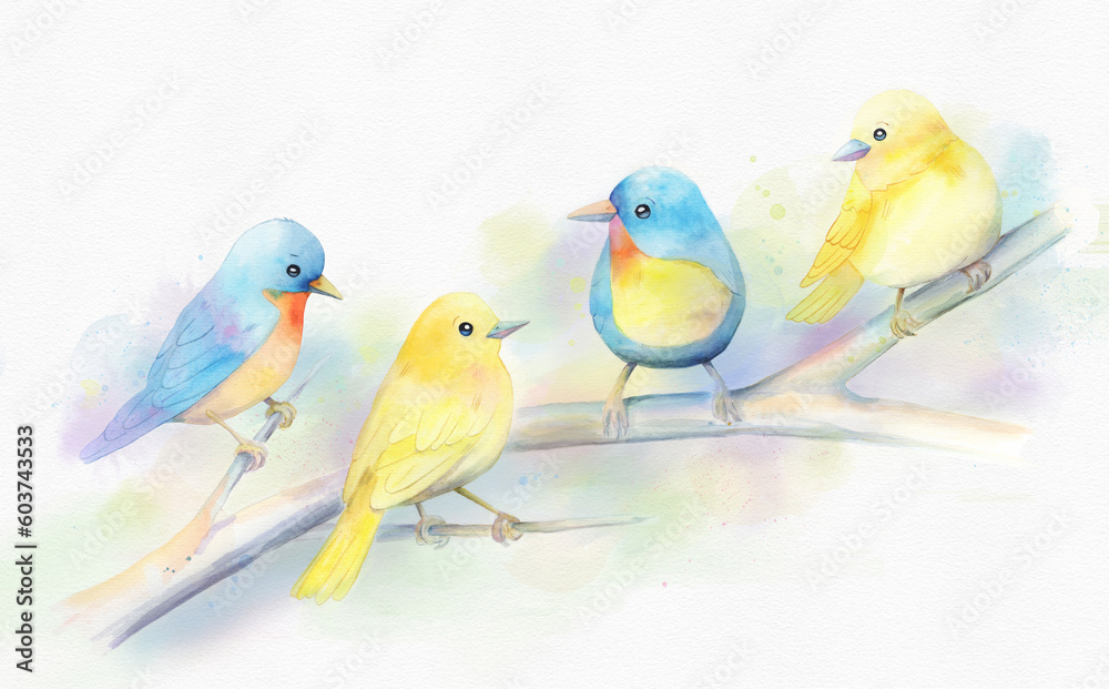 A Watercolor Illustration of Cute Birds on a tree Branch