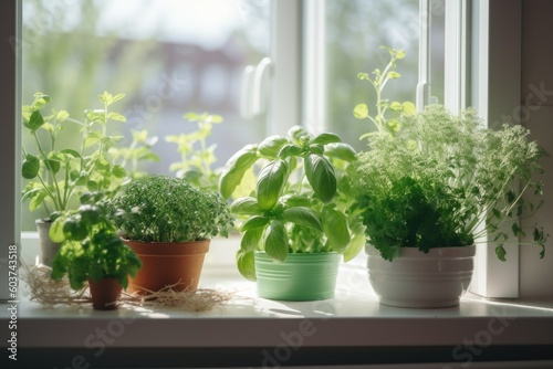 Grow your own trend, people growing veggies and herbs indoors on a sunny windowsill. Growing edibles, grow herbs and veggies on a budget. AI generative