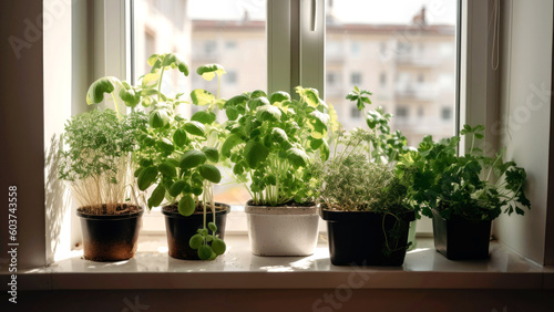 Grow your own trend  people growing veggies and herbs indoors on a sunny windowsill. Growing edibles  grow herbs and veggies on a budget. AI generative