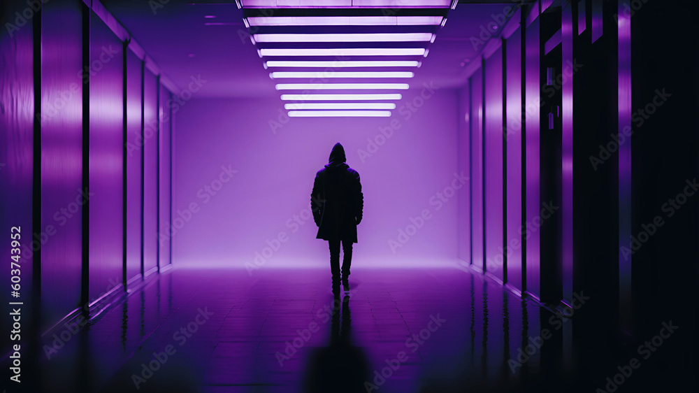 A hooded man walks down the hallway. Synthwave image, purple lighting