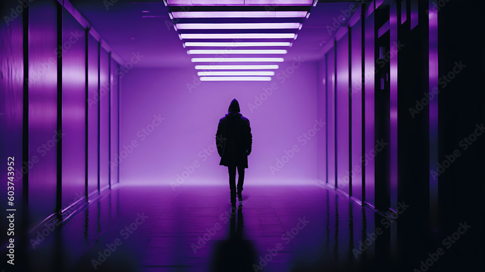 A hooded man walks down the hallway. Synthwave image, purple lighting A hooded man walks down the hallway. Synthwave image, purple lighting