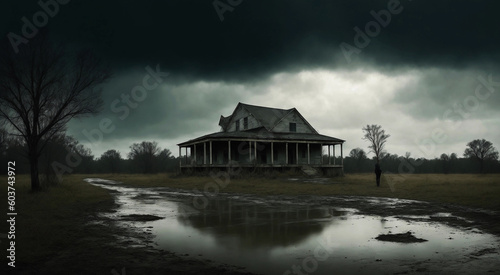 A man stands in front of a house on a rainy day. Gray weather, panoramic view © Black Morion