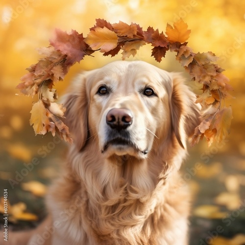 Golden Retriever dog adorned with a sunny yellow wreath. AI