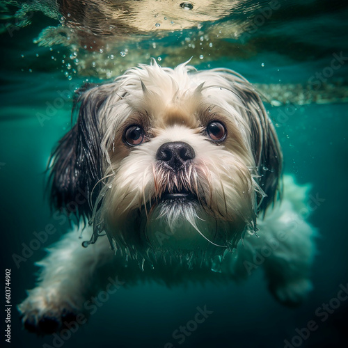 Photo of a dog underwater. Shih Tzu breed. Generative ai