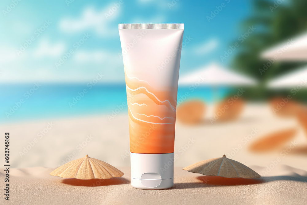 Sun protection cream on a summer beach. Generative AI