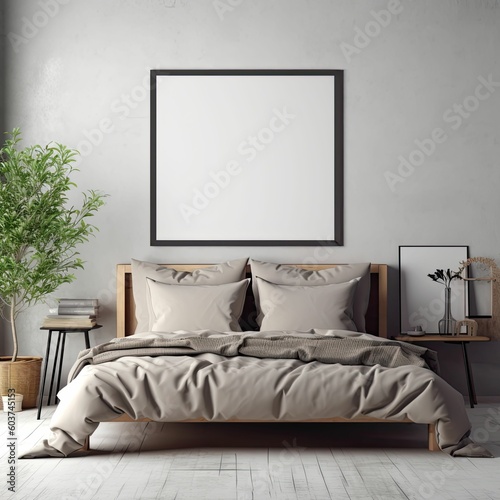 Wallpaper Mural hygge inspired bedroom with minimalist design includi, empty framed template of artwork, blank mockup, generative ai Torontodigital.ca