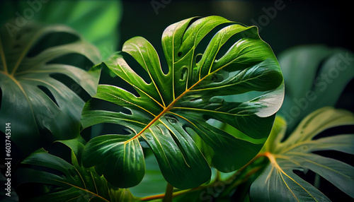 Tropical green leaves closeup beautiful lighting Ai generated image