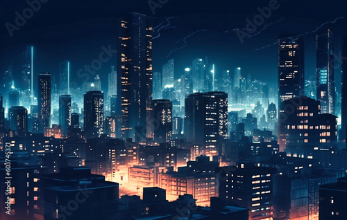 a cityscape with lights blurry at night