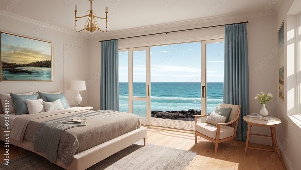 Living room with a view of the ocean, generative ai Living room with a view of the ocean, generative ai