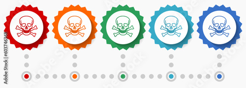 Skull vector icon set, colorful infographic template, set of flat design badge icons in 5 color options