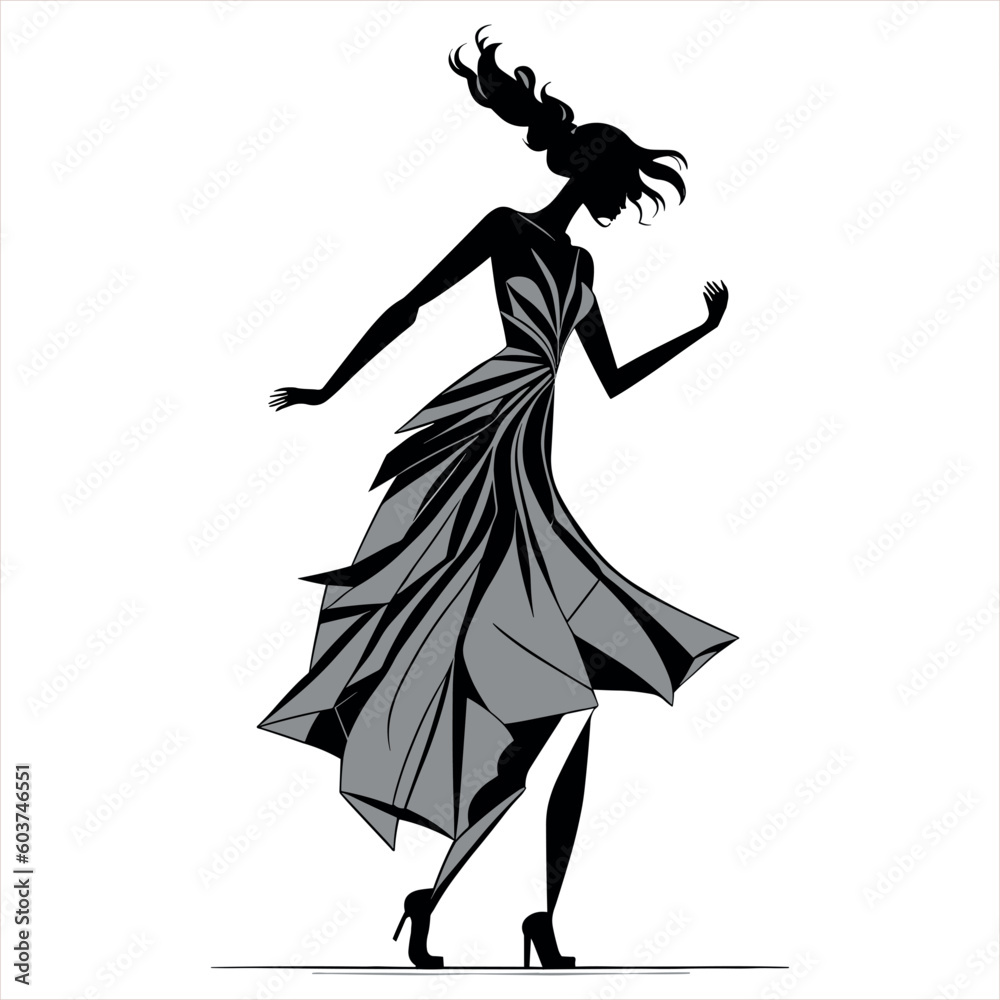 Dancing woman in a dress. Abstract vector illustration. Minimalistic style. Mosaic style. White background. Dancing woman in a dress. Abstract vector illustration. Minimalistic style. Mosaic style. White background.