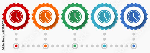 Time, watch, clock vector icon set, colorful infographic template, set of flat design badge icons in 5 color options
