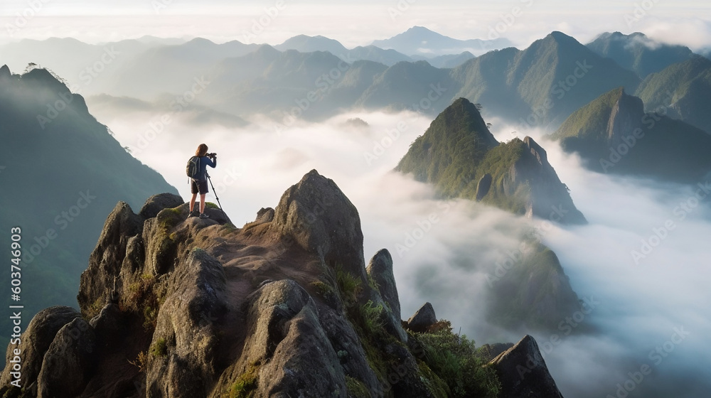 Illustration of Photography on a mountain top covered in mist, tranquility, explore, adventure