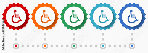Wheelchair, disabled vector icon set, colorful infographic template, set of flat design badge icons in 5 color options