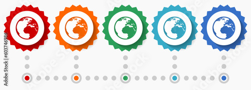 Earth, world vector icon set, colorful infographic template, set of flat design badge icons in 5 color options