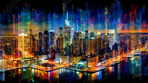 Vibrant Cityscape, Light trails, neon, colorful, abstract digital art