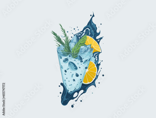 mojito in transparent glass with ice, mint and lemon with water splash back background
