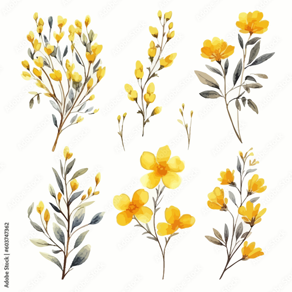 Set of yellow floral watecolor. flowers and leaves. Floral poster, invitation floral. Vector arrangements for greeting card or invitation design - obrazy, fototapety, plakaty 