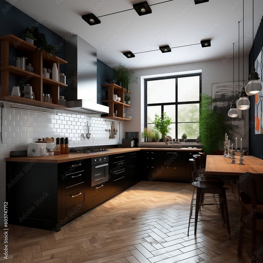 Modern and chic kitchen with white tiles and dark fixtures. AI