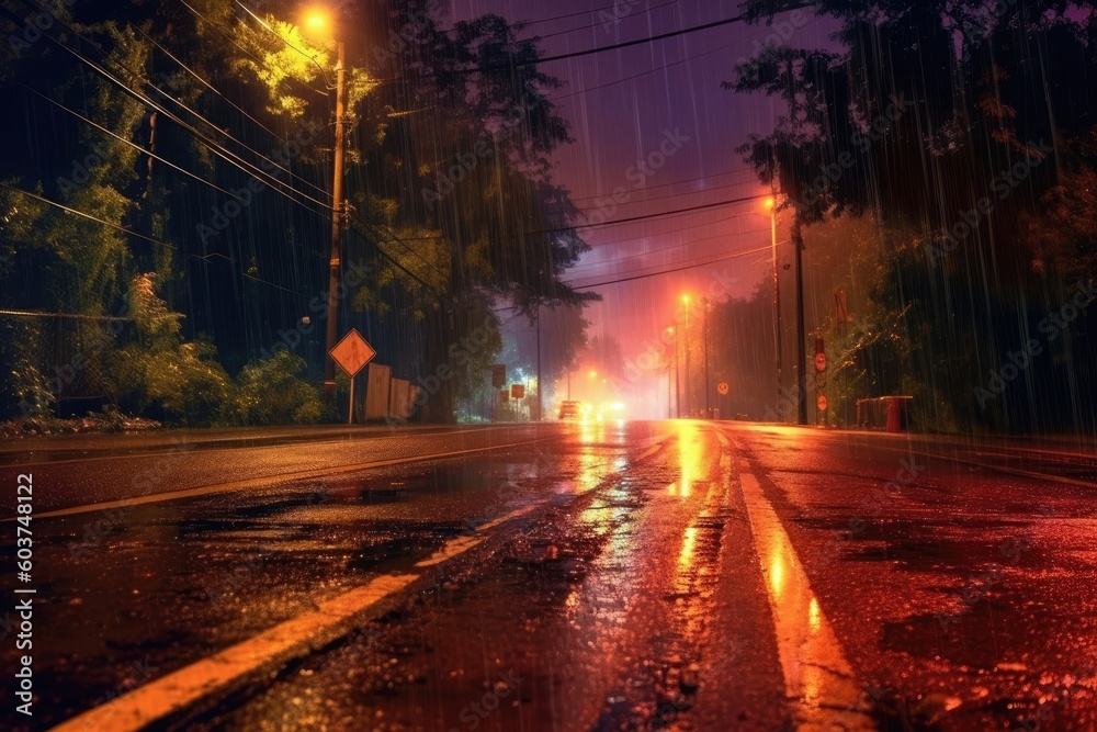 A photo of a wet road on a rainy night. (Generative AI)