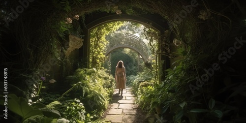 Person stepping through a doorway into an enchanted  lush garden  where mythical creatures and fairy tales come to life  concept of Magical Realm Discovery  created with Generative AI technology