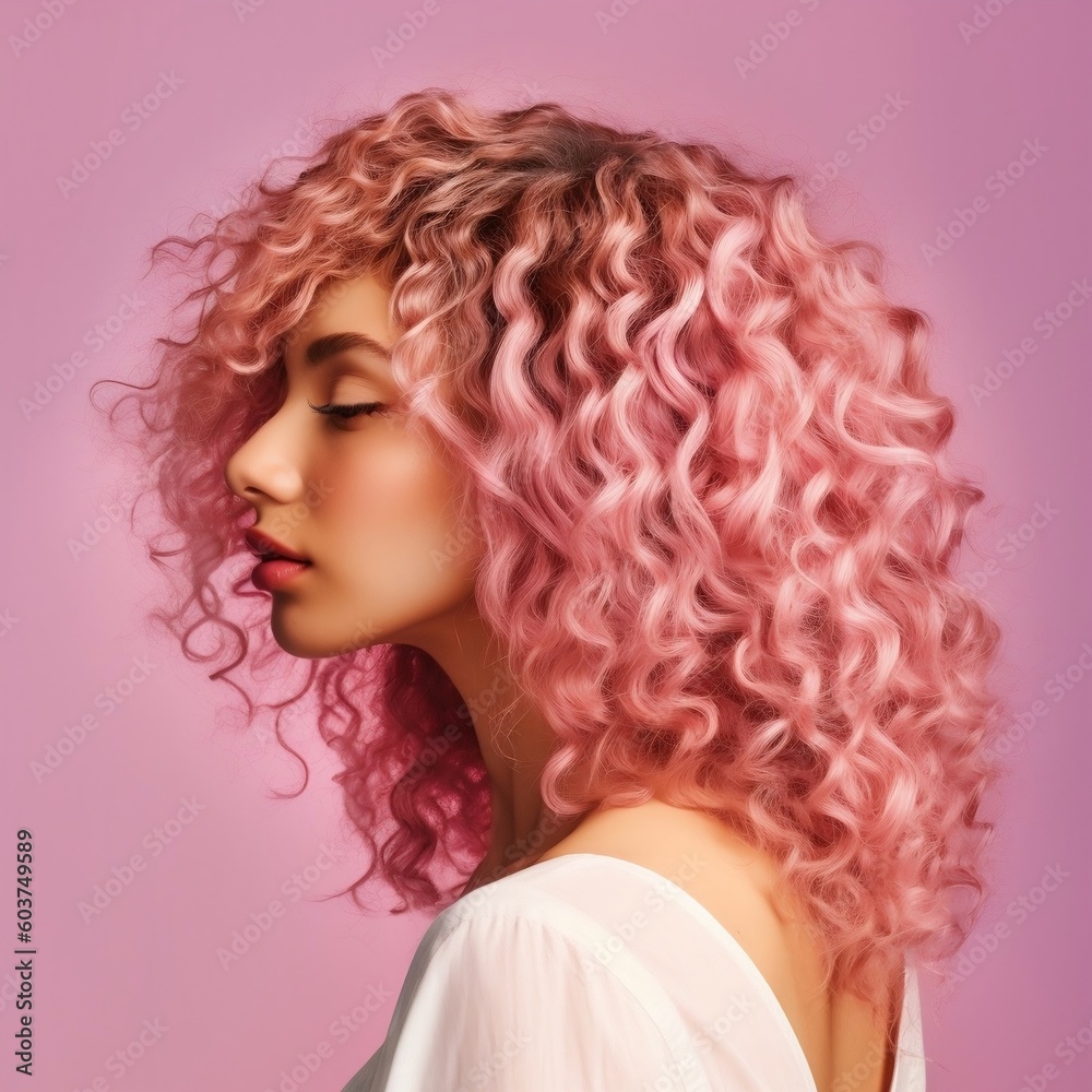 Mysterious woman with curly hair against a pink backdrop. AI