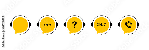 Customer support service. Online support service with headphones. Headphones with microphone and chat speech bubble. Hotline support service. Call center symbols. Vector illustration