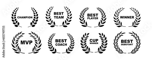 Sport awards and best nominee award wreaths on white background. Laurel wreath icon. Symbol of victory, achievement, honor, quality product, or success. Vector illustration