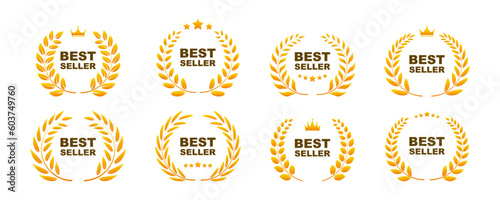 Set of best seller icon design with wreath laurel. Best seller badge logo design. Gold logo design with wreath laurel. Symbol of victory, achievement, honor, quality product, or success