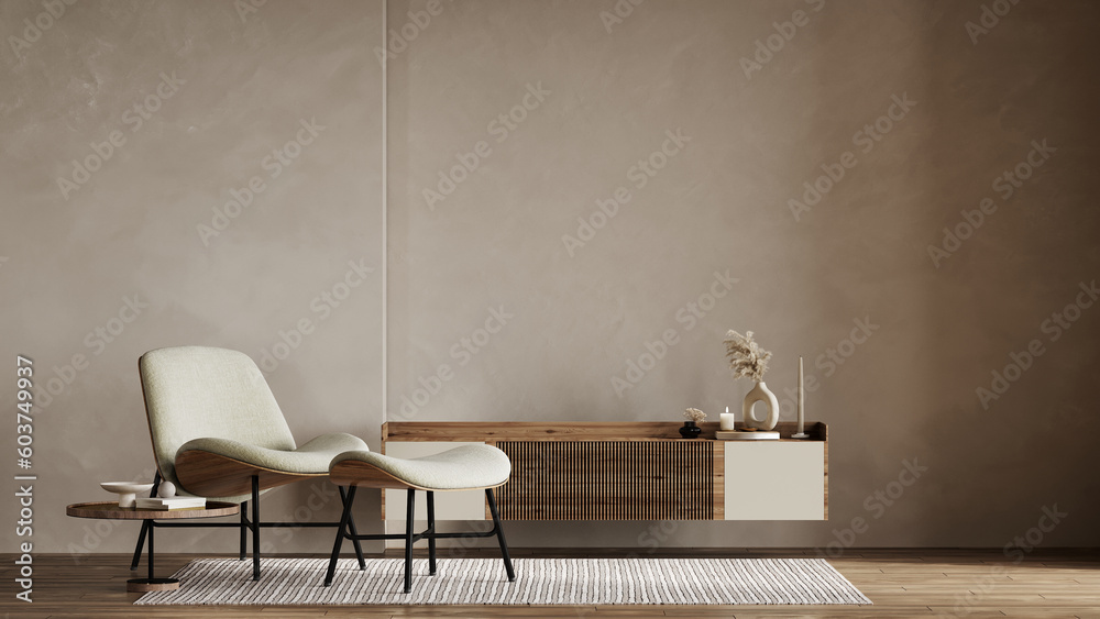 Fototapeta premium Beige contemporary minimalist interior with armchair, blank wall, coffee table and decor. 3d render illustration mockup