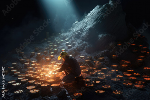 An illustration of a miner chipping away at a geometric mountain of digital coins. Generative AI.