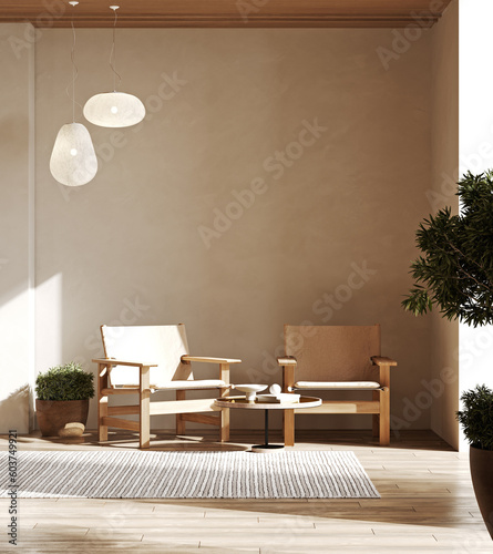 Room with beige plaster wall and wooden floor with modern armchair. Bright room interior mockup. 3d rendering.