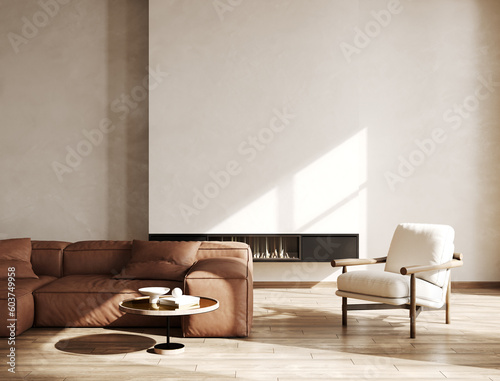 Fototapeta Modern living room interior mockup with leather sofa, armchair and fireplace, 3d rendering
