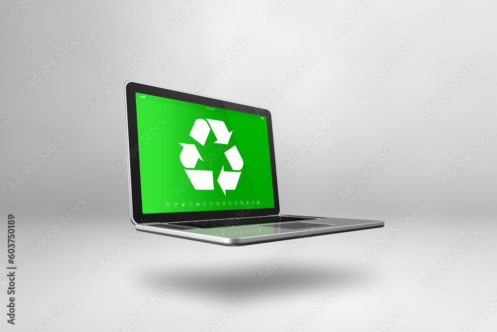 Laptop computer with a recycling symbol on screen. environmental conservation concept Laptop computer with a recycling symbol on screen. environmental conservation concept