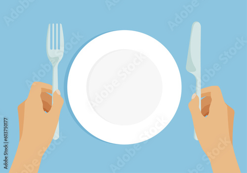Empty white plate. Hands is holding fork and knife. Vector cutlery in trendy flat style isolated on blue background.