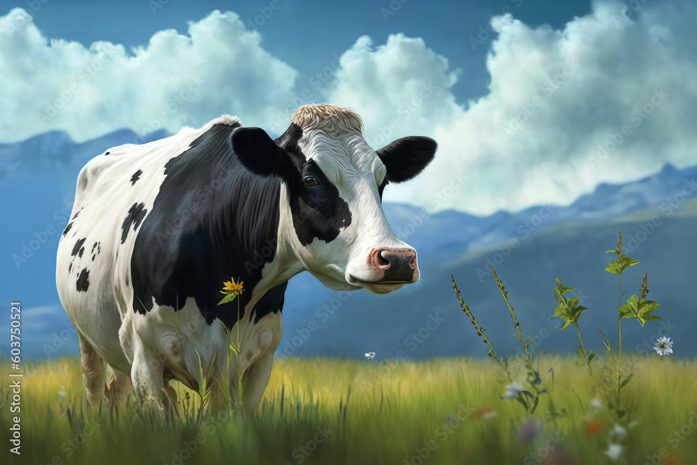 Cow grazing on a green summer meadow. Cow graze on field. Cow farm. Generative AI.