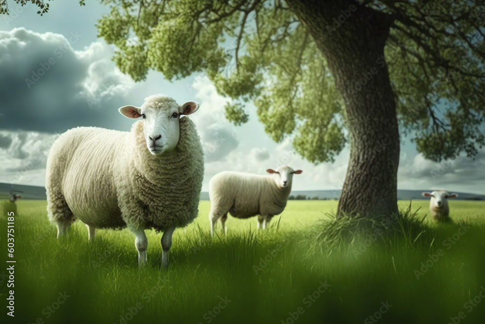 Fototapeta premium Sheeps grazing on a green summer meadow. Sheep graze on field. Sheep farm. Generative AI.