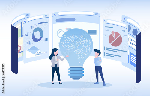 Business people discussing and brainstorming AI concepts, the power of technology for success. Connect and share information. Generate innovative ideas and strategies for business. 