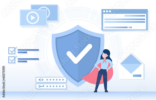 Protection concept. Super woman standing in front of a shield to protecting email privacy. Accessing personal information with a stronger password. Flat vector illustration.